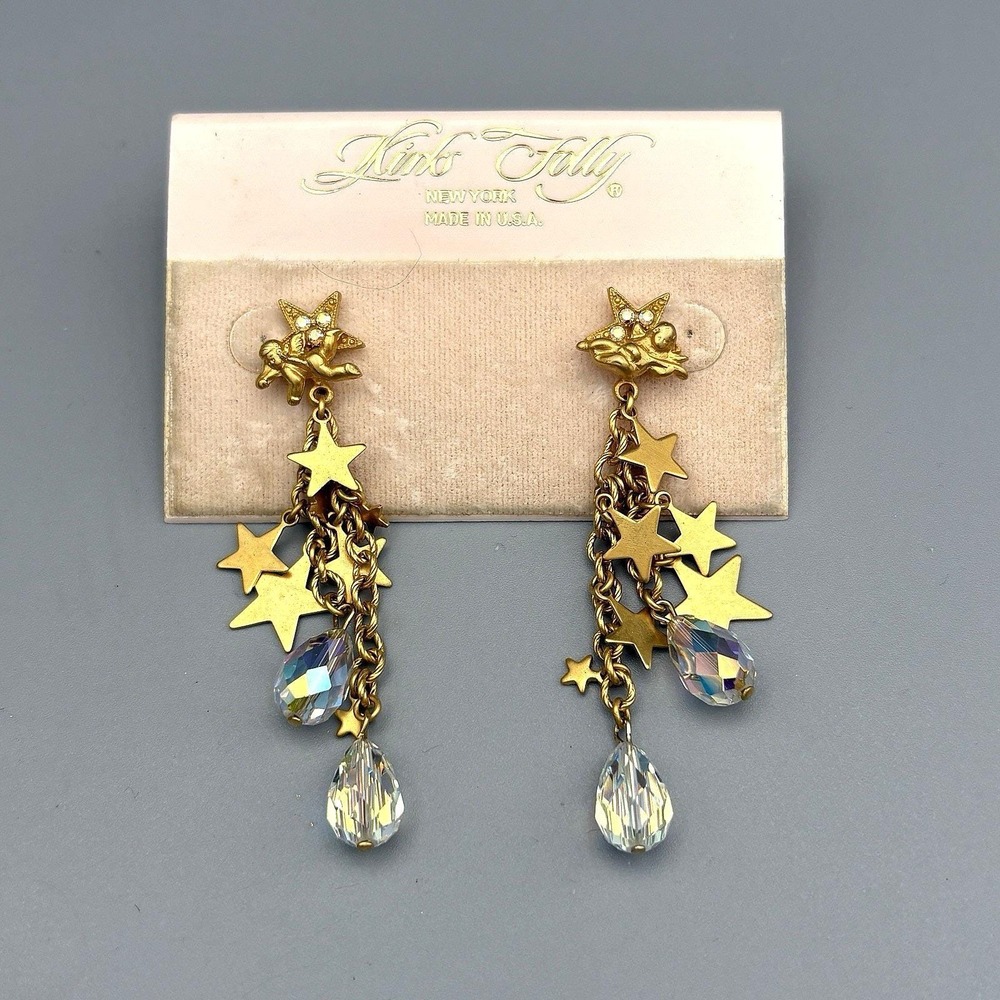 Designer Kirks Folly AB Crystal Star Cherubs Dangle Earrings